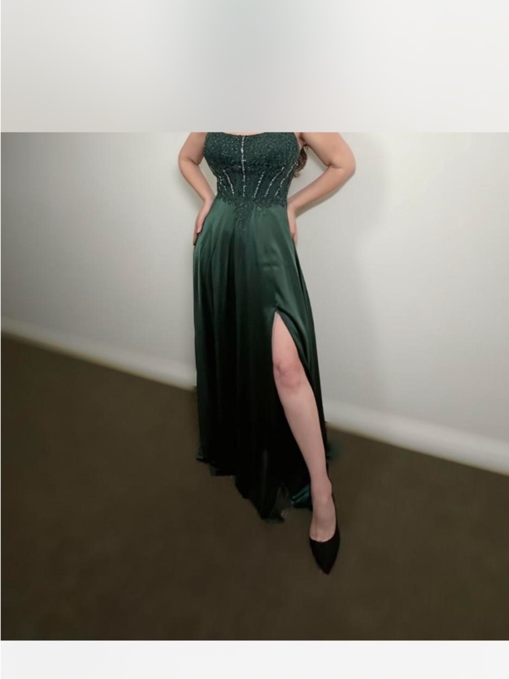 Beaded Strapless Emerald Green Prom Gown with High Slit